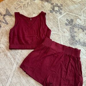 Linen like red set with cropped tank and high waisted shorts